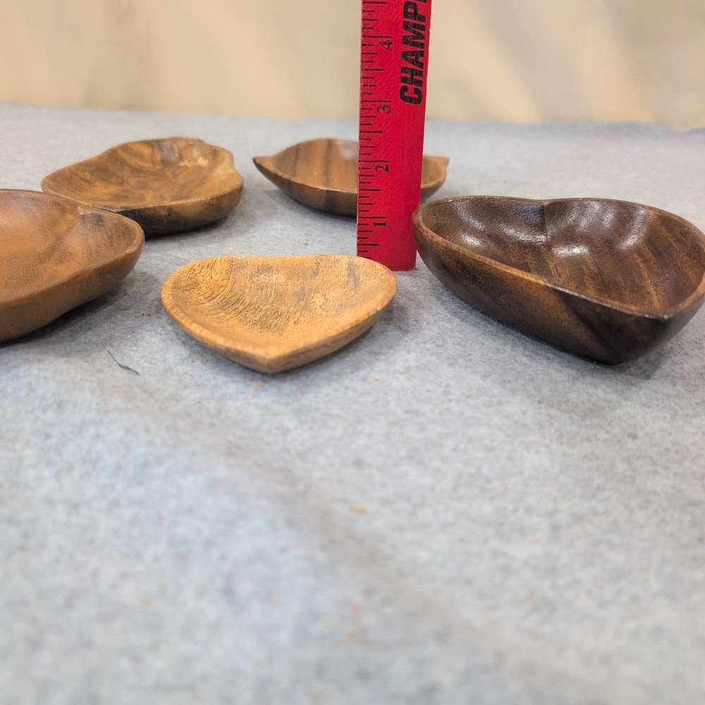 Royal Acacia Monkey Pod Wood Trinket Dish Set 5pc Heart Leaf Pear Philippines - Picture 3 of 4